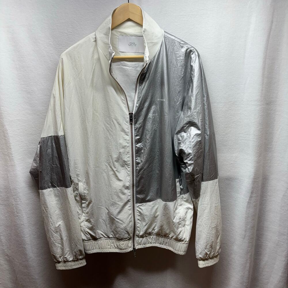 Stampd‎ Mens Windbreaker Jacket XL White Silver Colorblock Metallic Streetwear